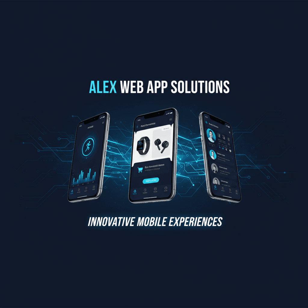 Alex Web App Solutions — mobile app development showcase with multiple smartphone screens